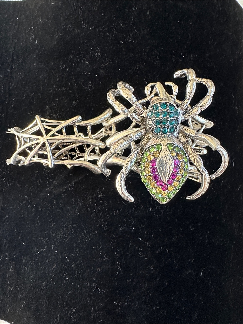 Silver-Tone Spider elastic Bracelet with Multicolor Crystal Accents and web band